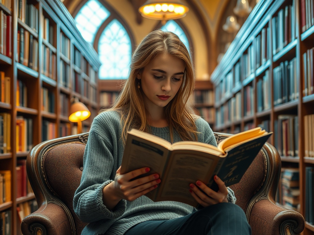 Молодая женщина читает книгу в уютной библиотеке, окружённой стеллажами с книгами.