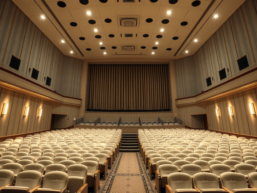 Пустой зал театра с рядами мягких кресел и большой сценой, закрытой занавесом.