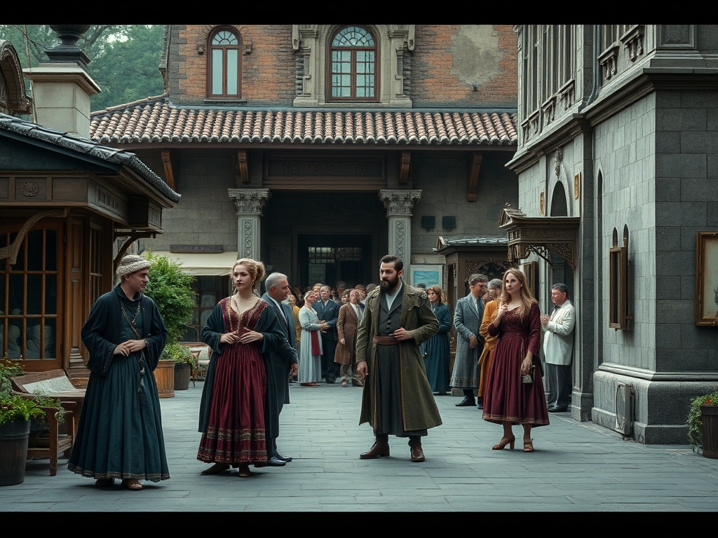 На картине группа людей в исторических костюмах стоит в уютном дворе старинного здания.