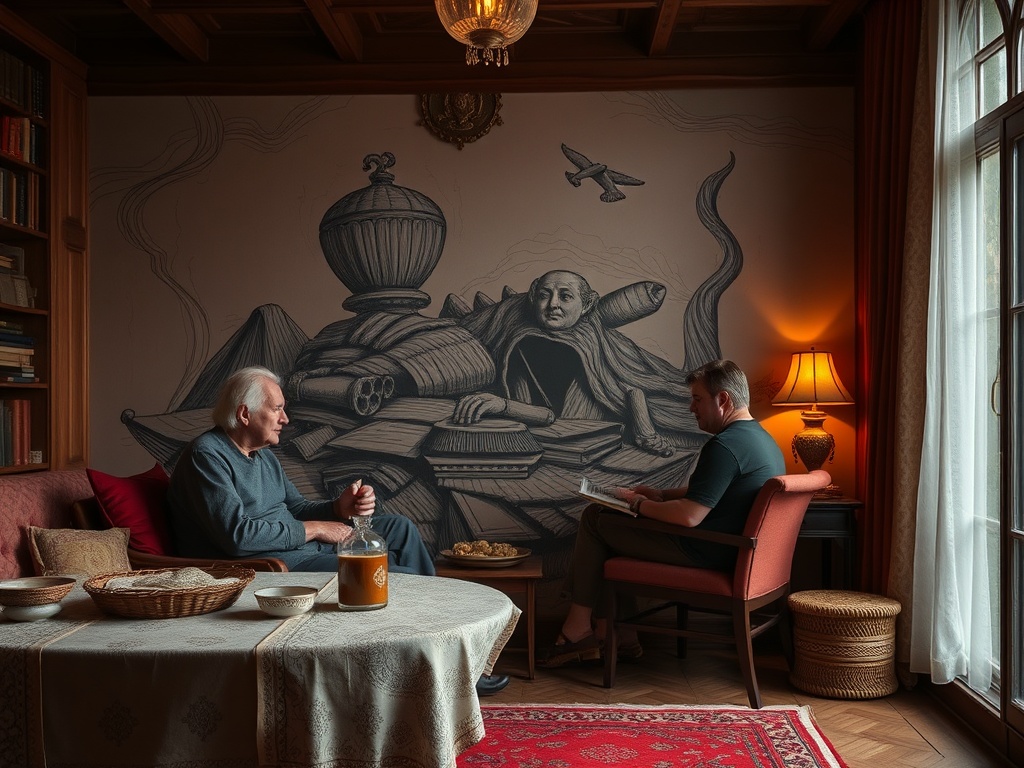 Два человека в уютном интерьере беседуют на фоне стенки с изображением книг и портрета. Стол накрыт.