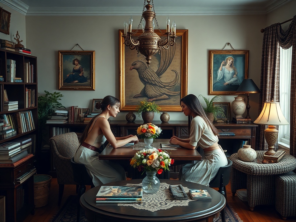 Две женщины сидят за столом в уютном кабинете, окруженном книгами и картинами. На столе цветы и открытки.