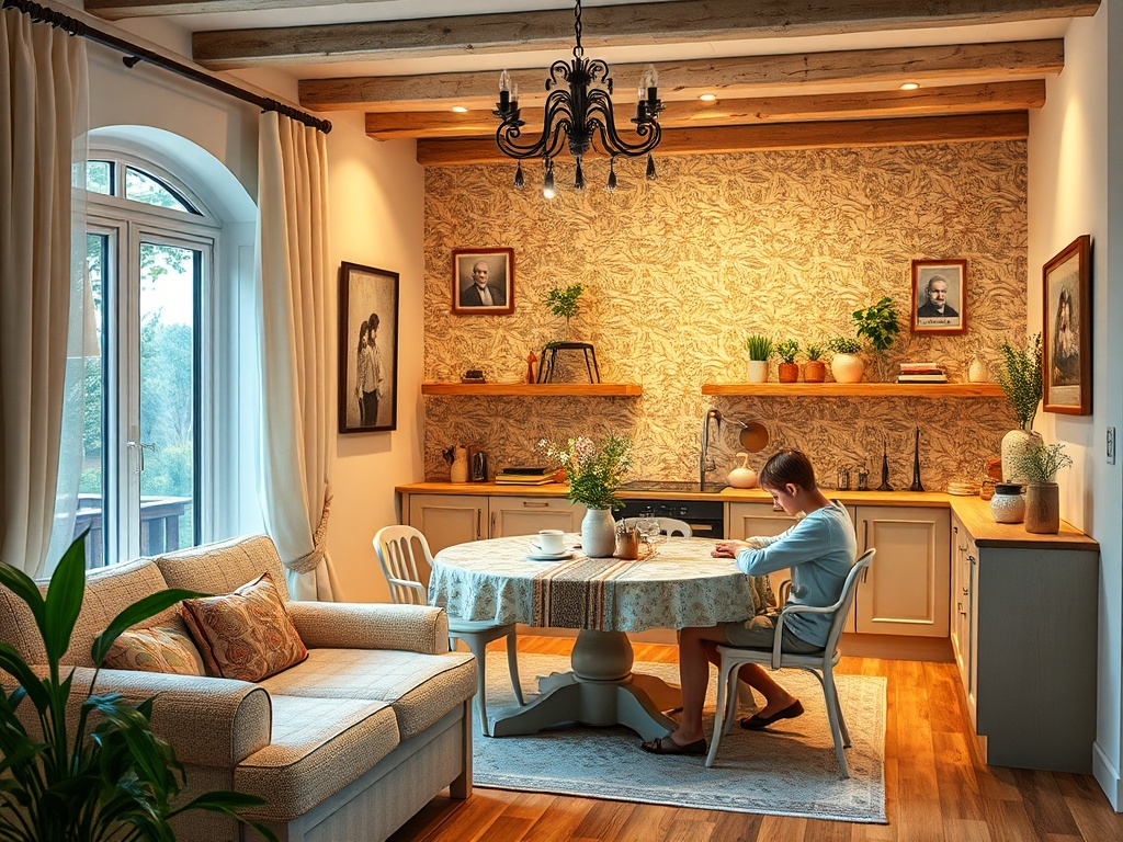 Уютная кухня с деревянными beams и столом, за которым сидит ребенок и занимается чем-то на листе бумаги.