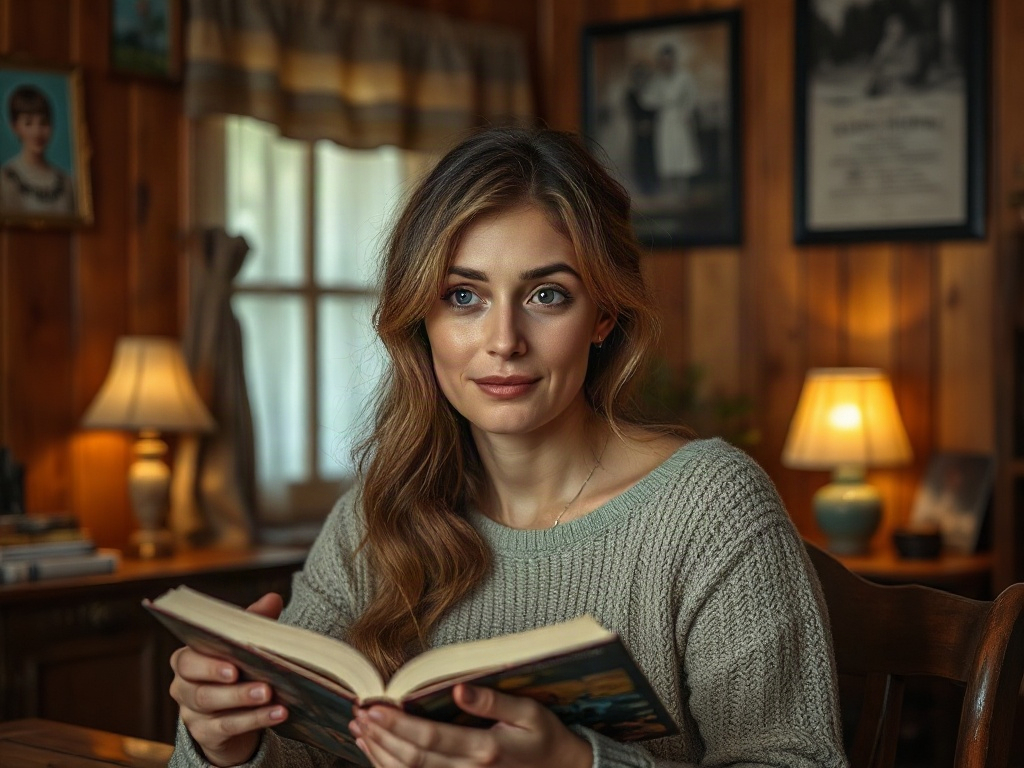 Молодая женщина в сером свитере читает книгу в уютной комнате с деревянными стенами и мягким светом.