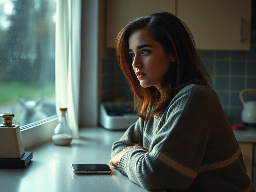 Девушка в сером свитере сидит у окна и смотрит вдаль, на столе лежит телефон.